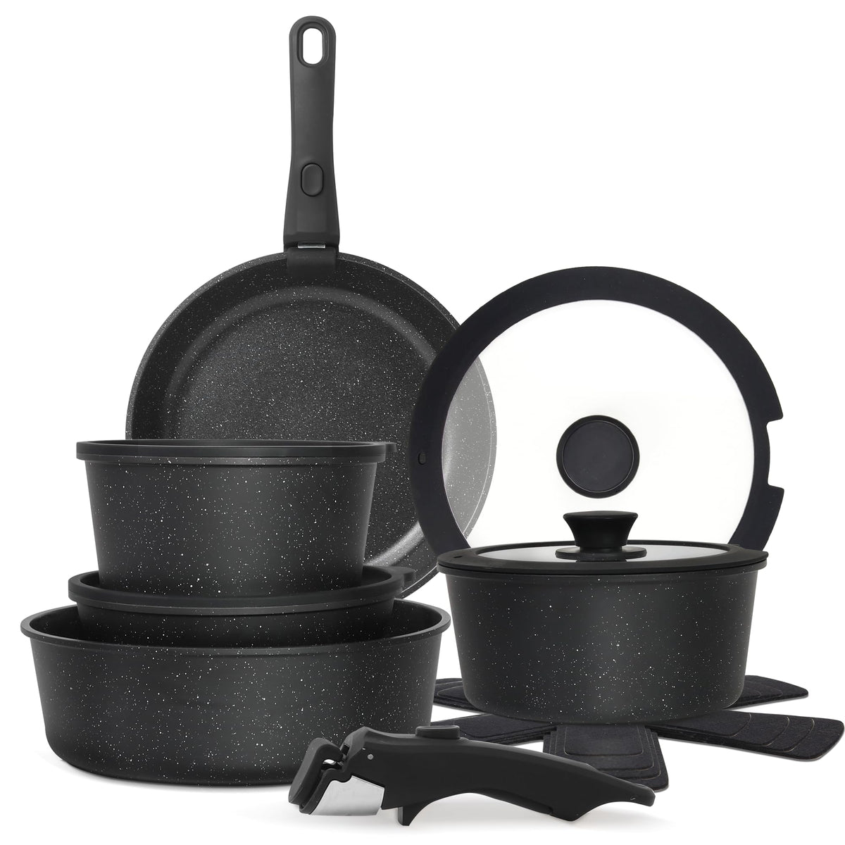 Cuisinluv 15PCS Pots and Pans Set Non Stick Kitchen Cookware Sets with Detachable Handle Ceramic Cookware Sets Non Stick RV Cookware Cooking Set Dishwasher ＆ Oven Safe PFOA Free Black