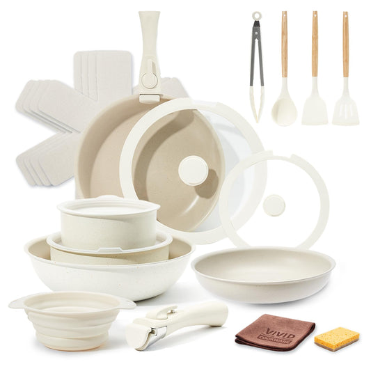VIVIDCOOKWARE 22pcs Pots and Pans Set Non Stick Ceramic Cookware Set with Detachable Handle Pot Sets for Cooking Nonstick with Collapsible Dish Basin Oven Safe